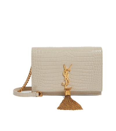 SAINT LAURENT Calfskin Crocodile Embossed Medium Classic Monogram Kate Tassel Satchel white