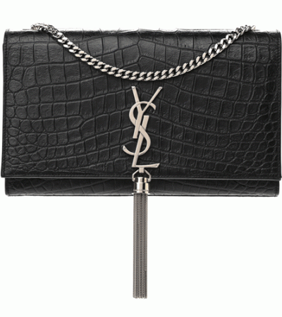 SAINT LAURENT Calfskin Crocodile Embossed Medium Classic Monogram Kate Tassel Satchel Black