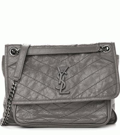 SAINT LAURENT Crinkled Calfskin Matelasse Monogram Medium Niki Chain Satchel Dark Grey