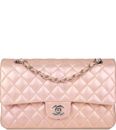 Chanel  Medium Classic Double Flap Bag Pink Iridescent Lambskin Silver Hardware