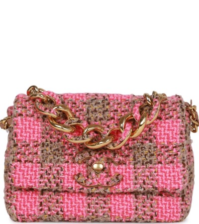 Chanel Small Flap Bag Pink and Beige Tweed Gold Hardware