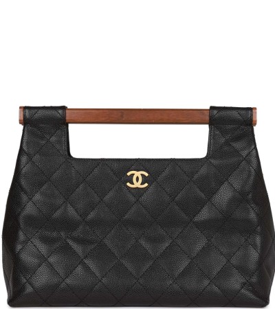 Vintage Chanel Wood Top Handle Bag Black Caviar Gold Hardware