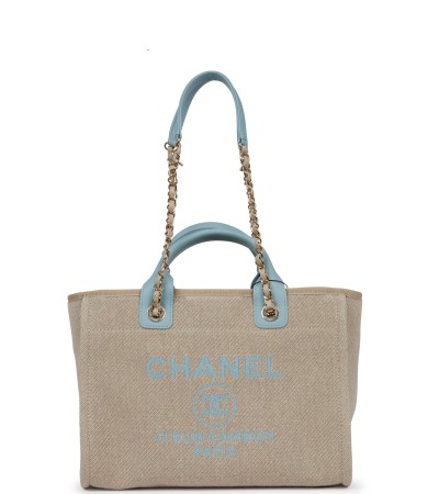 Chanel Small Deauville Shopping Bag Blue and Beige Boucle Light Gold Hardware