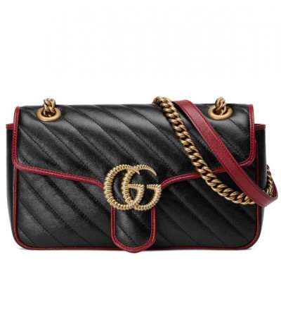 Gucci GG Marmont Red Trimming Twisted Brass Logo Buckle Chain Strap Women Diagonal Design Fashion Black Matelasse Leather Flap Bag