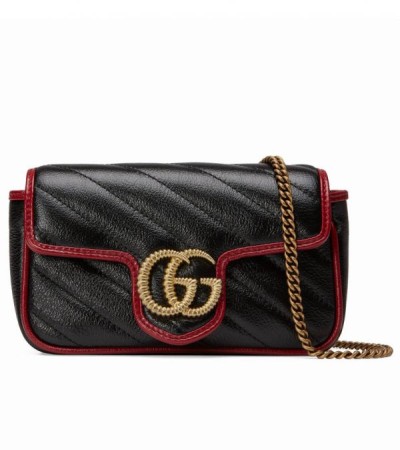 Gucci GG Marmont Super Diagonal Stripes Ttwisted Torchon Brass GG Buckle Red Leather Trimming Black Cowhide Leather Chain Bag