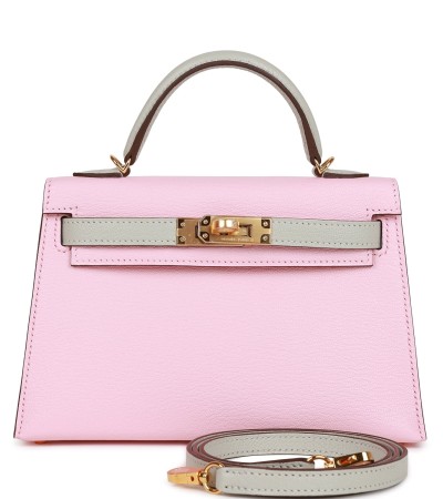 Hermès Special Order (HSS) Kelly Sellier 20 Rose Sakura and Gris Perle Chevre Gold Hardware