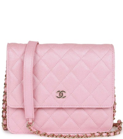 Chanel Square Wallet on Chain WOC Iridescent Pink Caviar Light Gold Hardware